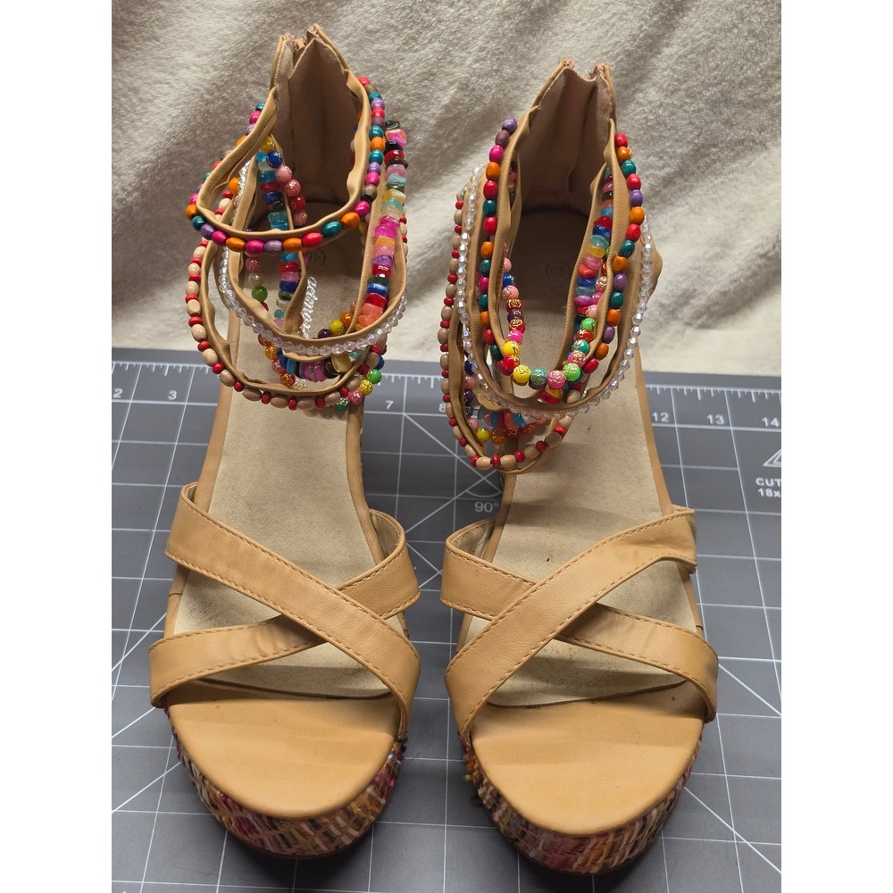 Getmorebeauty Tan Beaded Ankle Strap Wedge Sandals Multi Color Woven Platform 40
